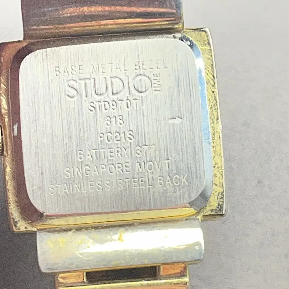 Studio Time Women’s Square Gold Tone Cuff Bangle Quartz Watch Opal Needs Battery